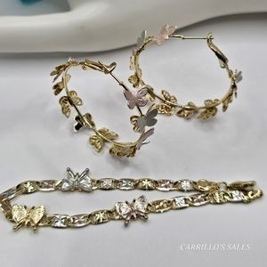 Butterflies set Gold-plated 3-colors 18k bracelet with earrings hoops